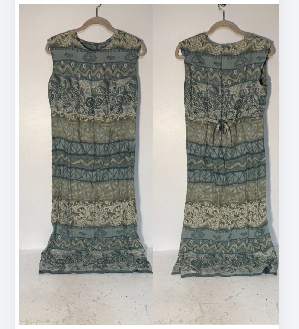 VTG 90s Green Batik Maxi Dress Side Split Cottagecore Witch Practical Magic 12P